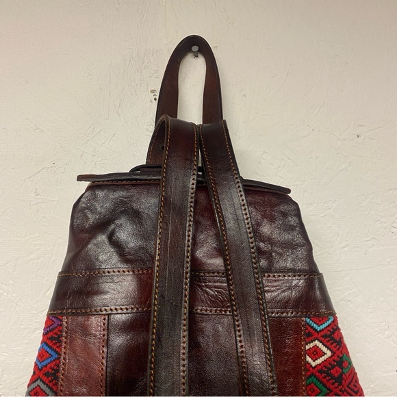 Art Leather Chiapas Backpack Mexican Woven Fabric Embroidered Bag Brown NWT - Picture 9 of 13